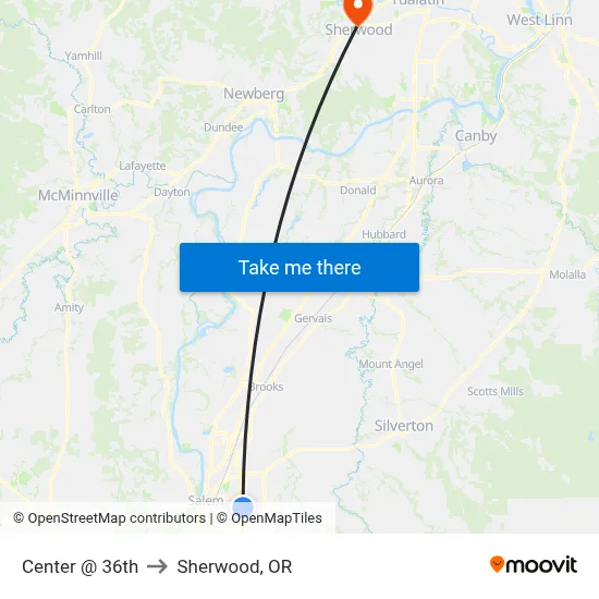 Center @ 36th to Sherwood, OR map