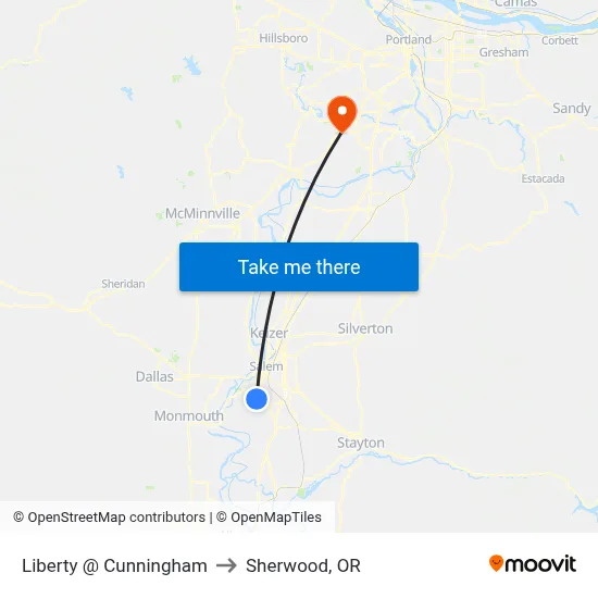 Liberty @ Cunningham to Sherwood, OR map