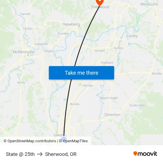 State @ 25th to Sherwood, OR map