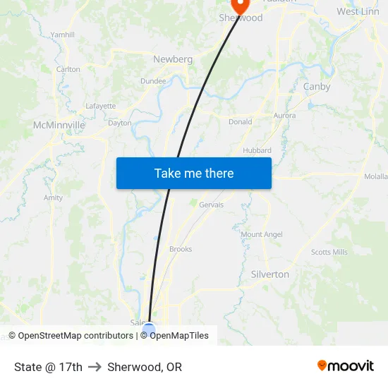State @ 17th to Sherwood, OR map