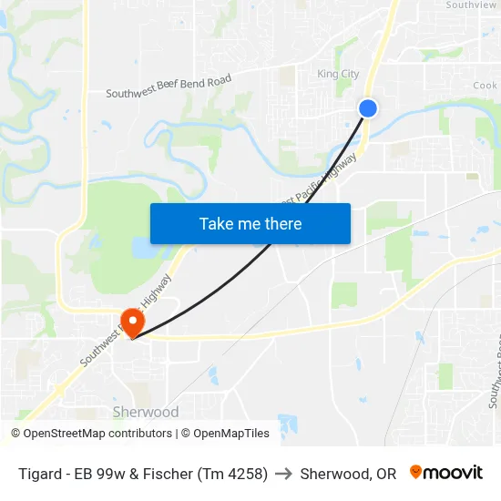 Tigard - EB 99w & Fischer (Tm  4258) to Sherwood, OR map