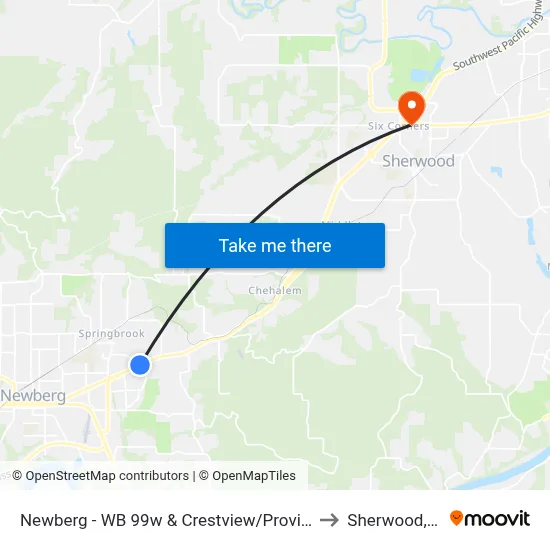 Newberg - WB 99w & Crestview/Providence to Sherwood, OR map
