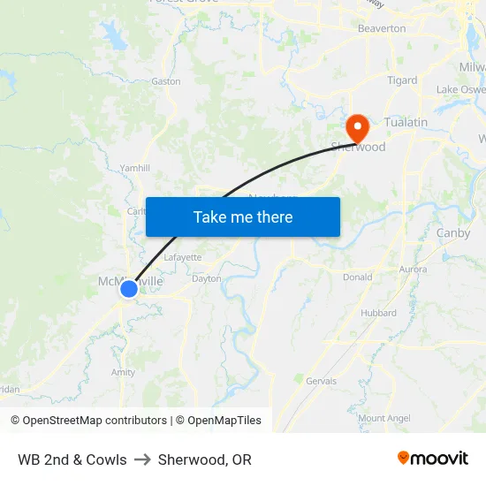 WB 2nd & Cowls to Sherwood, OR map