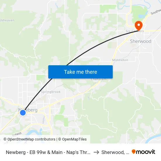 Newberg - EB 99w & Main - Nap's Thriftway to Sherwood, OR map