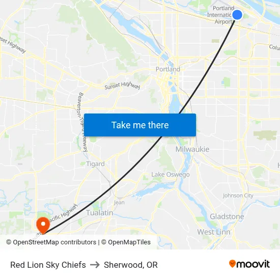 Red Lion Sky Chiefs to Sherwood, OR map
