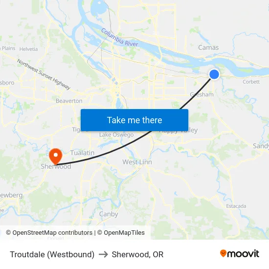 Troutdale (Westbound) to Sherwood, OR map