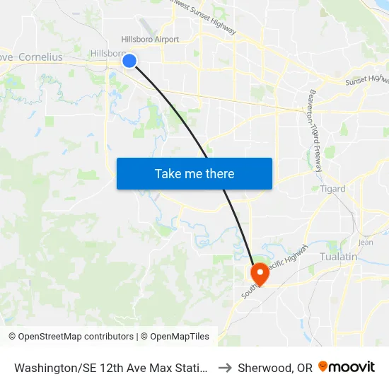 Washington/SE 12th Ave Max Station to Sherwood, OR map