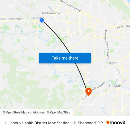 Hillsboro Health District Max Station to Sherwood, OR map