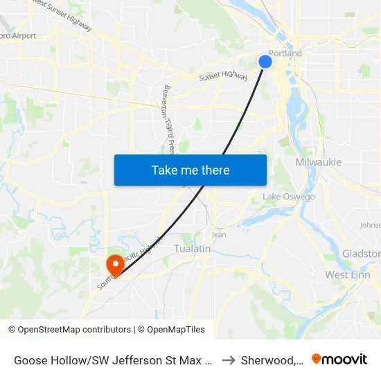 Goose Hollow/SW Jefferson St Max Station to Sherwood, OR map