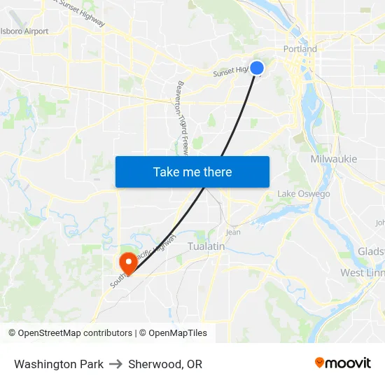Washington Park to Sherwood, OR map