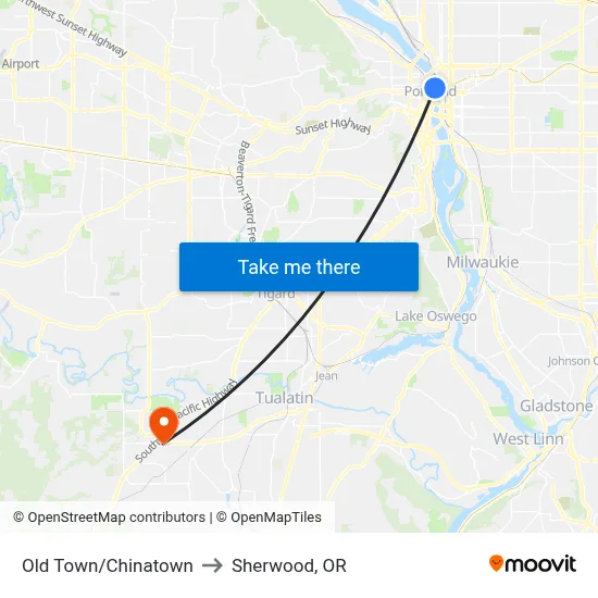 Old Town/Chinatown to Sherwood, OR map