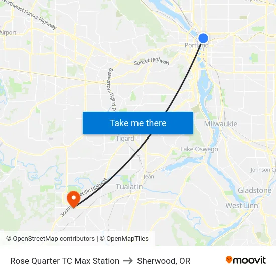 Rose Quarter TC Max Station to Sherwood, OR map