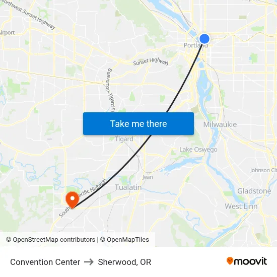 Convention Center to Sherwood, OR map
