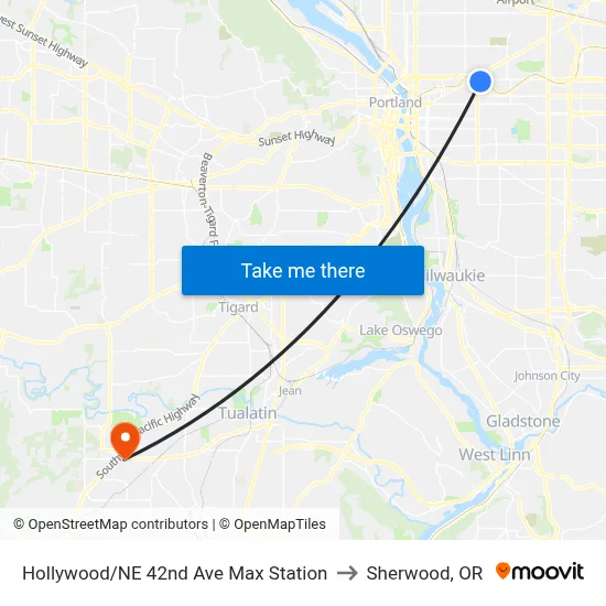 Hollywood/NE 42nd Ave Max Station to Sherwood, OR map