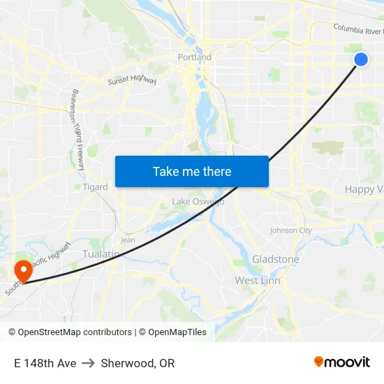 E 148th Ave to Sherwood, OR map