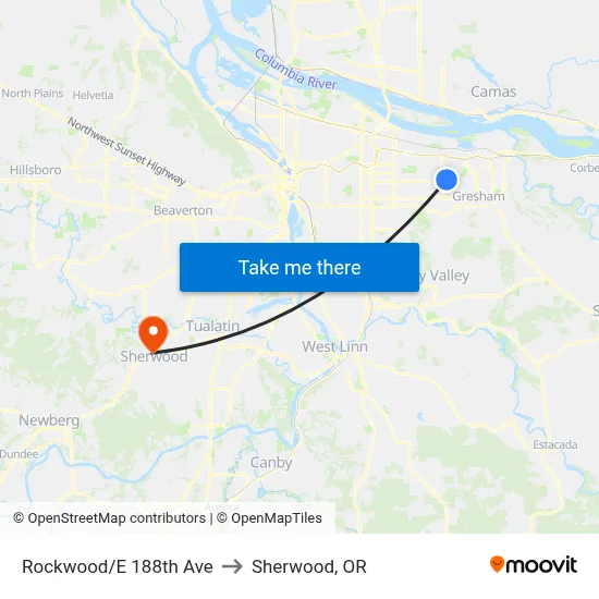 Rockwood/E 188th Ave to Sherwood, OR map