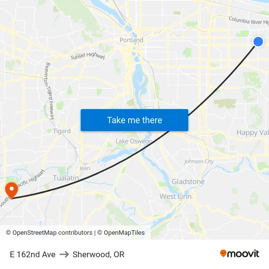 E 162nd Ave to Sherwood, OR map