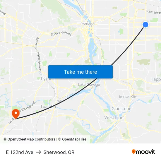 E 122nd Ave to Sherwood, OR map