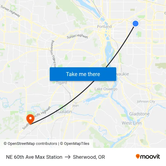 NE 60th Ave Max Station to Sherwood, OR map