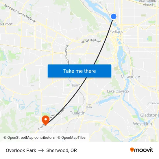 Overlook Park to Sherwood, OR map