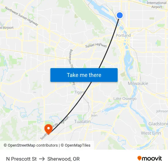 N Prescott St to Sherwood, OR map