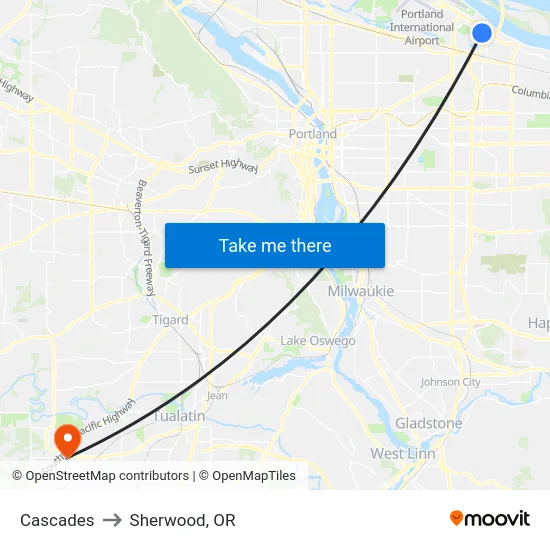 Cascades to Sherwood, OR map
