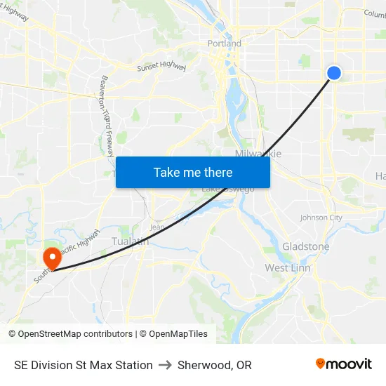 SE Division St Max Station to Sherwood, OR map