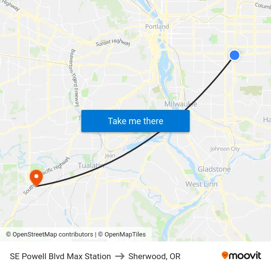 SE Powell Blvd Max Station to Sherwood, OR map