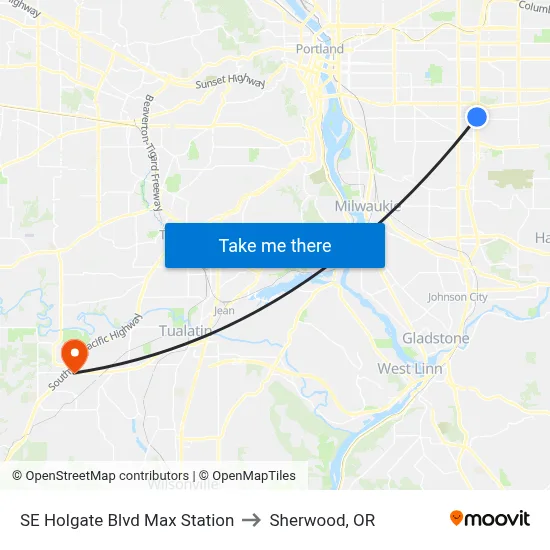 SE Holgate Blvd Max Station to Sherwood, OR map