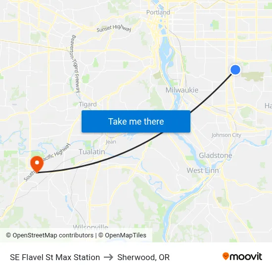 SE Flavel St Max Station to Sherwood, OR map