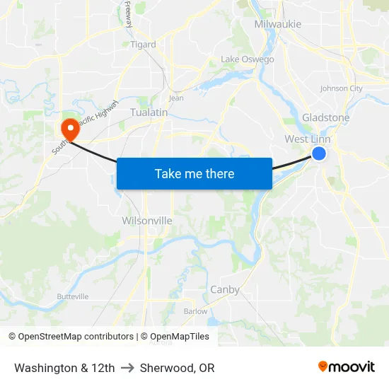 Washington & 12th to Sherwood, OR map