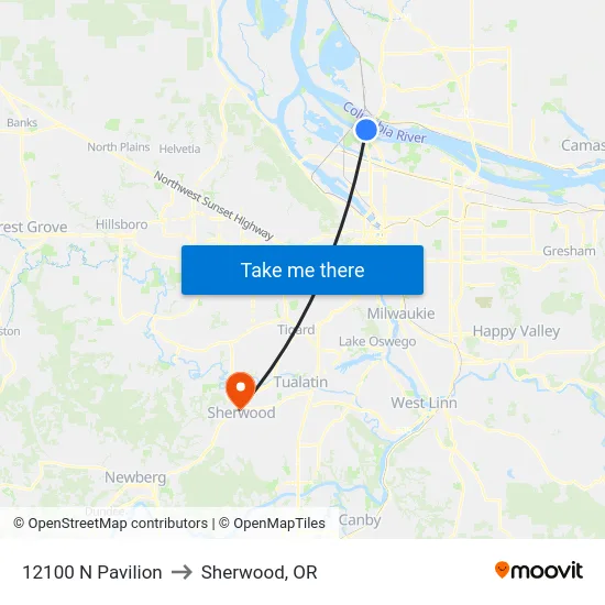12100 N Pavilion to Sherwood, OR map
