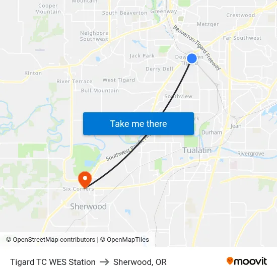 Tigard TC WES Station to Sherwood, OR map