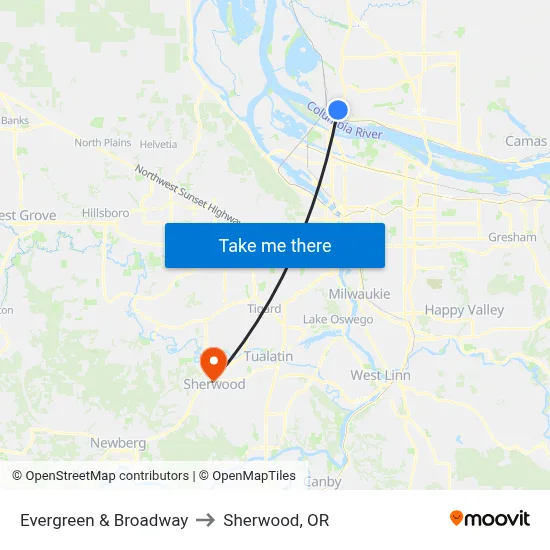 Evergreen & Broadway to Sherwood, OR map