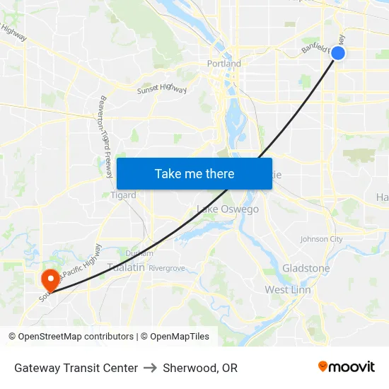 Gateway Transit Center to Sherwood, OR map
