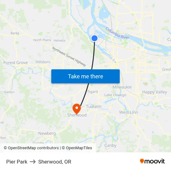 Pier Park to Sherwood, OR map