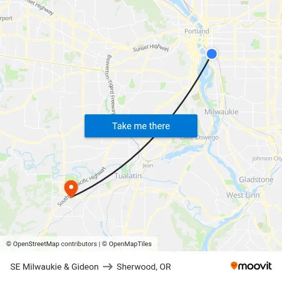 SE Milwaukie & Gideon to Sherwood, OR map