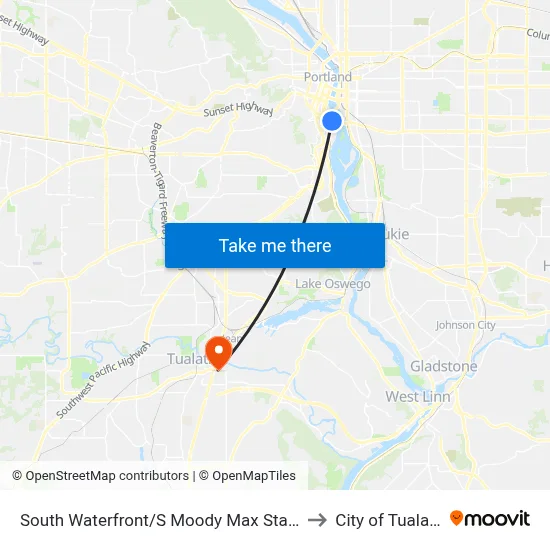 South Waterfront/S Moody Max Station to City of Tualatin map