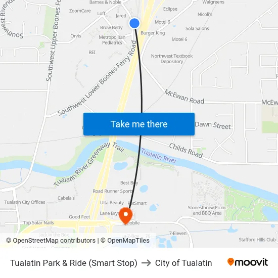 Tualatin Park & Ride (Smart Stop) to City of Tualatin map