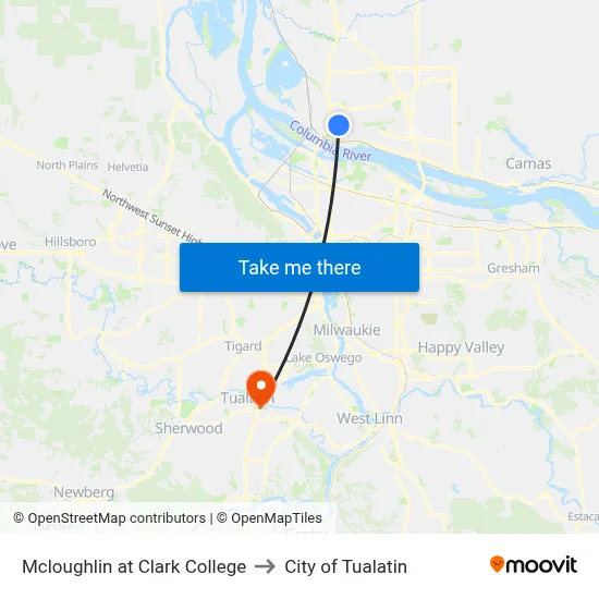 Mcloughlin at Clark College to City of Tualatin map