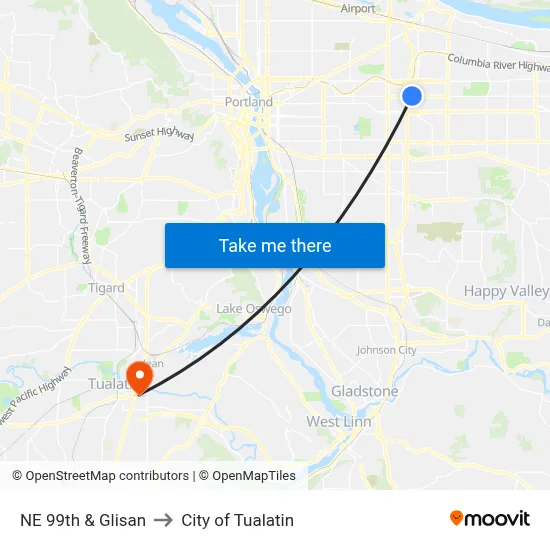 NE 99th & Glisan to City of Tualatin map