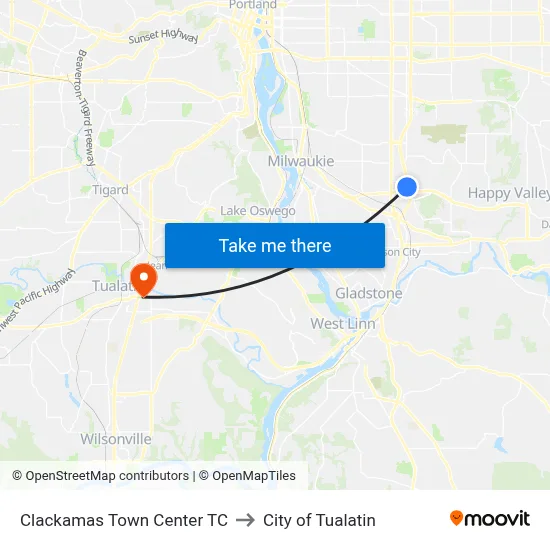 Clackamas Town Center TC to City of Tualatin map