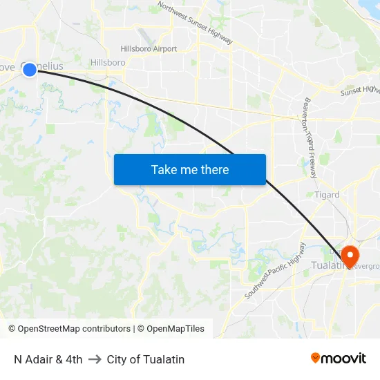 N Adair & 4th to City of Tualatin map