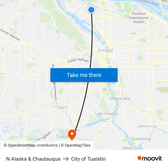 N Alaska & Chautauqua to City of Tualatin map