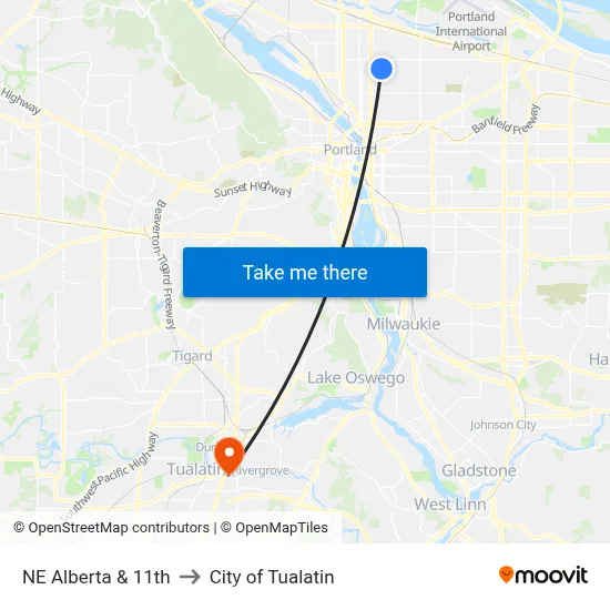 NE Alberta & 11th to City of Tualatin map
