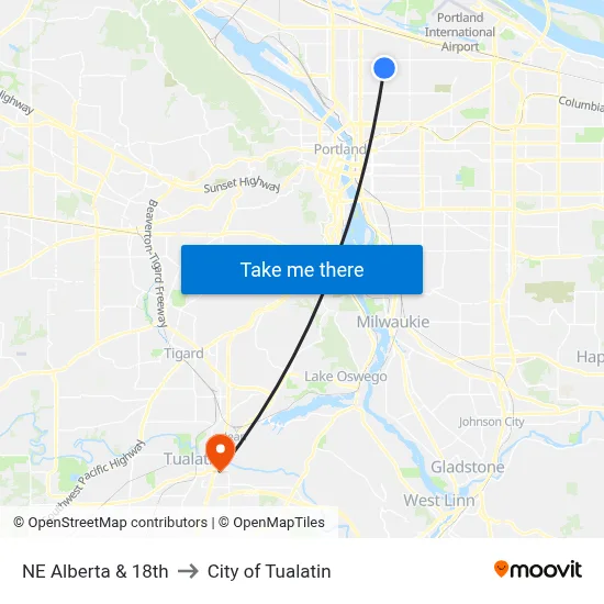 NE Alberta & 18th to City of Tualatin map