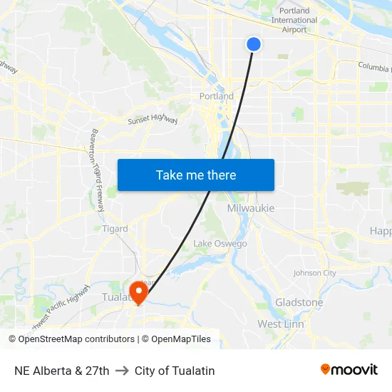 NE Alberta & 27th to City of Tualatin map