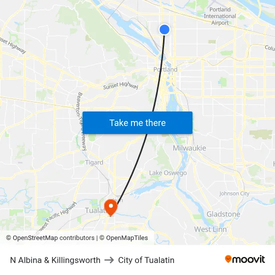 N Albina & Killingsworth to City of Tualatin map