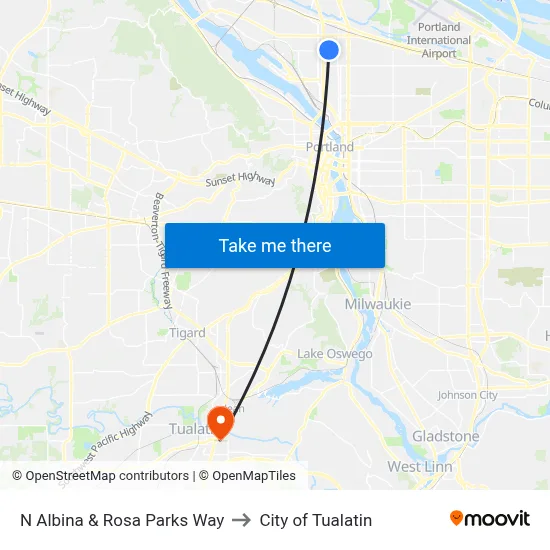 N Albina & Rosa Parks Way to City of Tualatin map