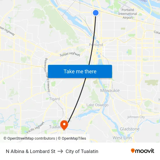 N Albina & Lombard St to City of Tualatin map